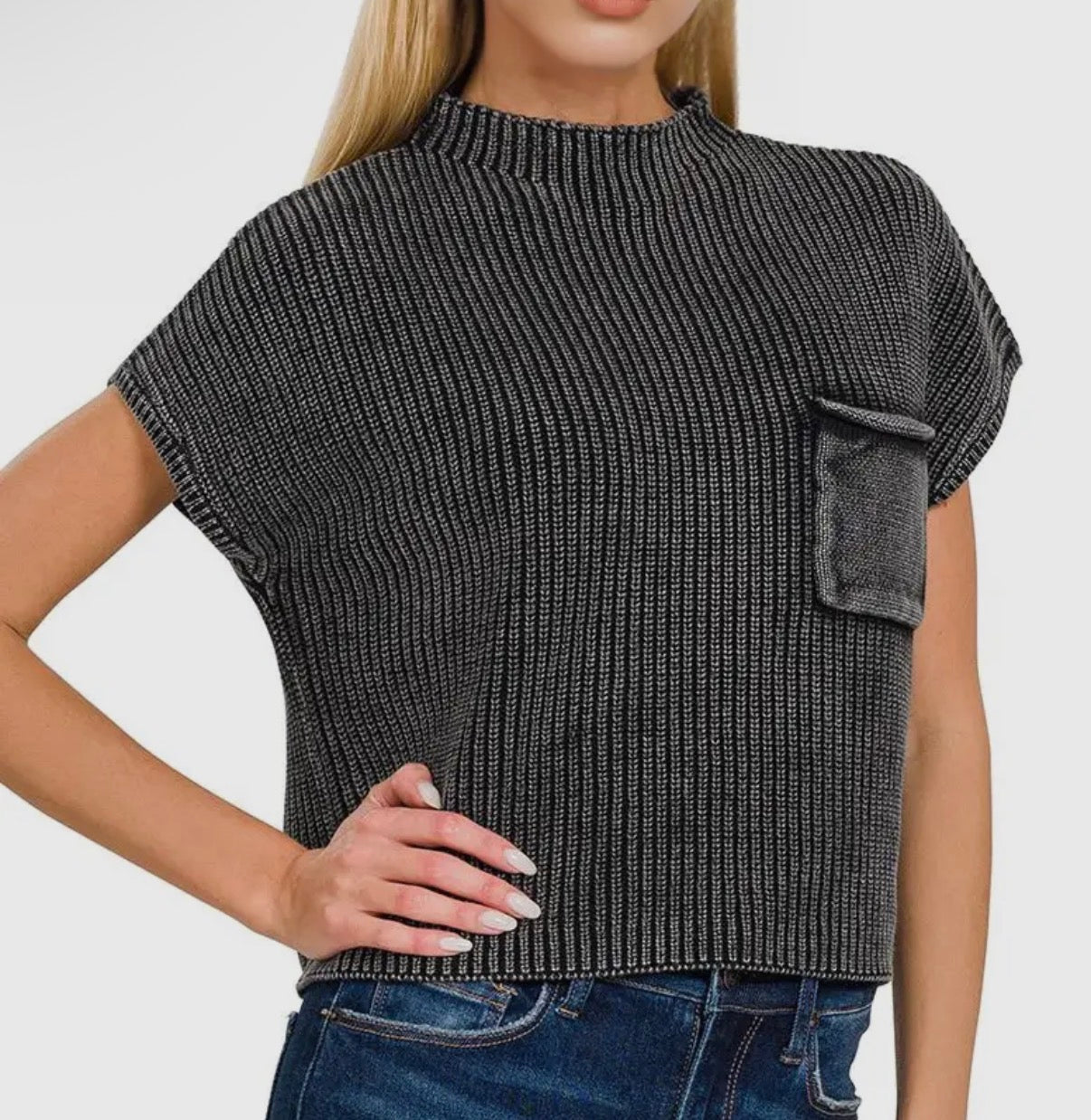 Washed Mock Neck Short Sleeve Sweater | Black