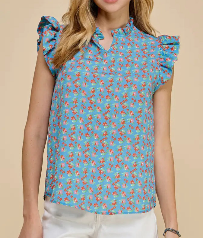 Ruffled Sleeve Floral V Neck