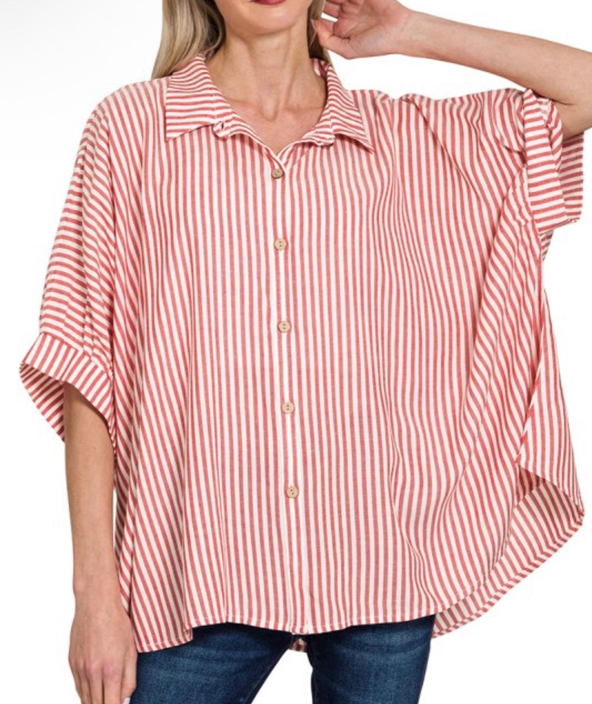 Oversized Stripe Button Down Top | Red