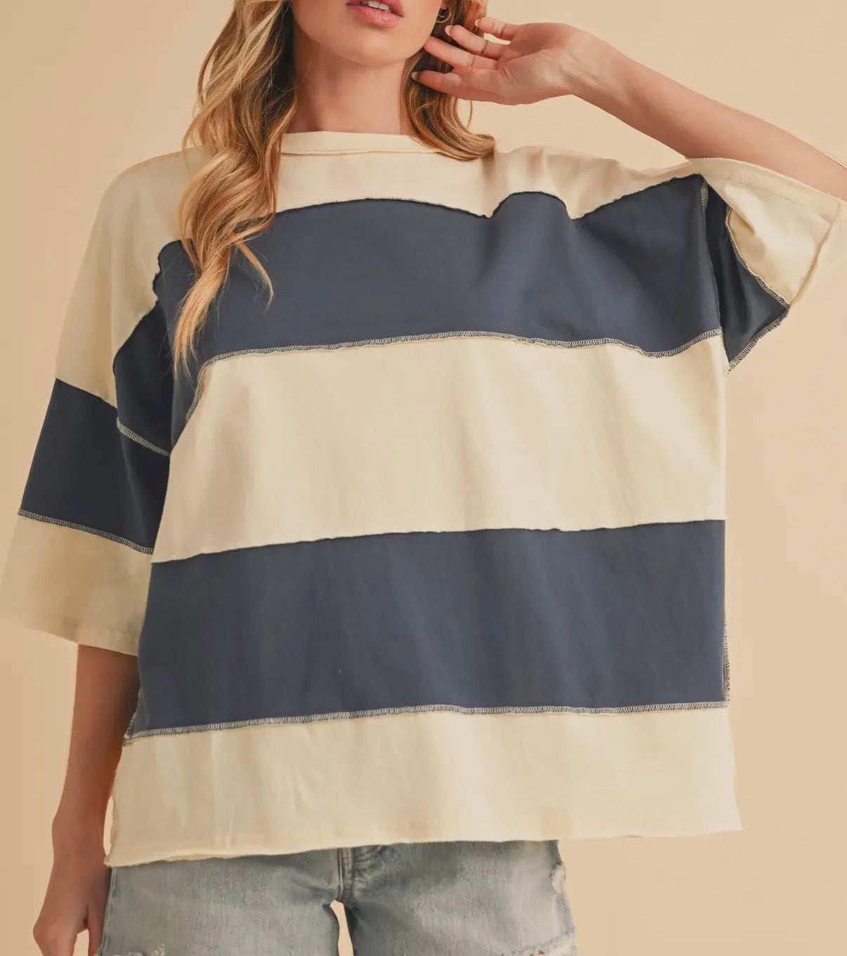 Poly Color Block Top | Navy