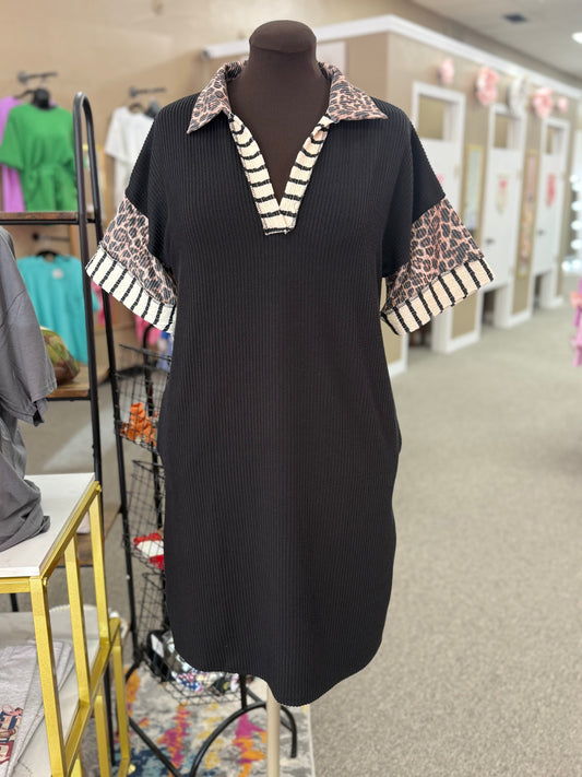 Leopard Detail Polo Dress | Black