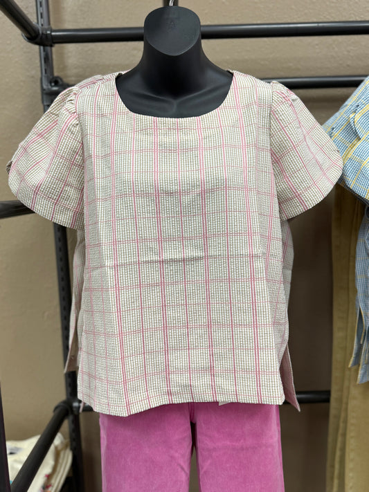 Relaxed Sleeve Plaid Top | Pink