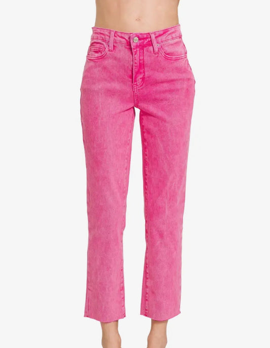 Acid Washed Straight Cropped Jeans | Pink