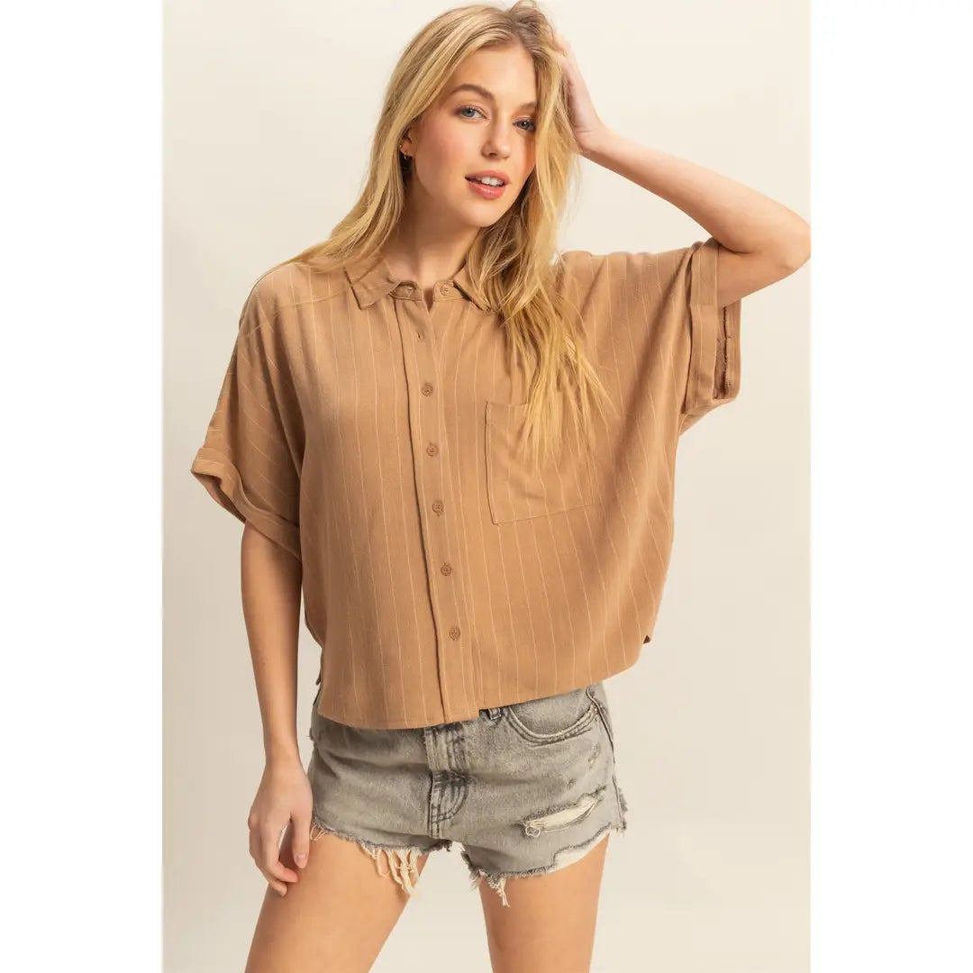 Linen Stripe Button Down | Camel