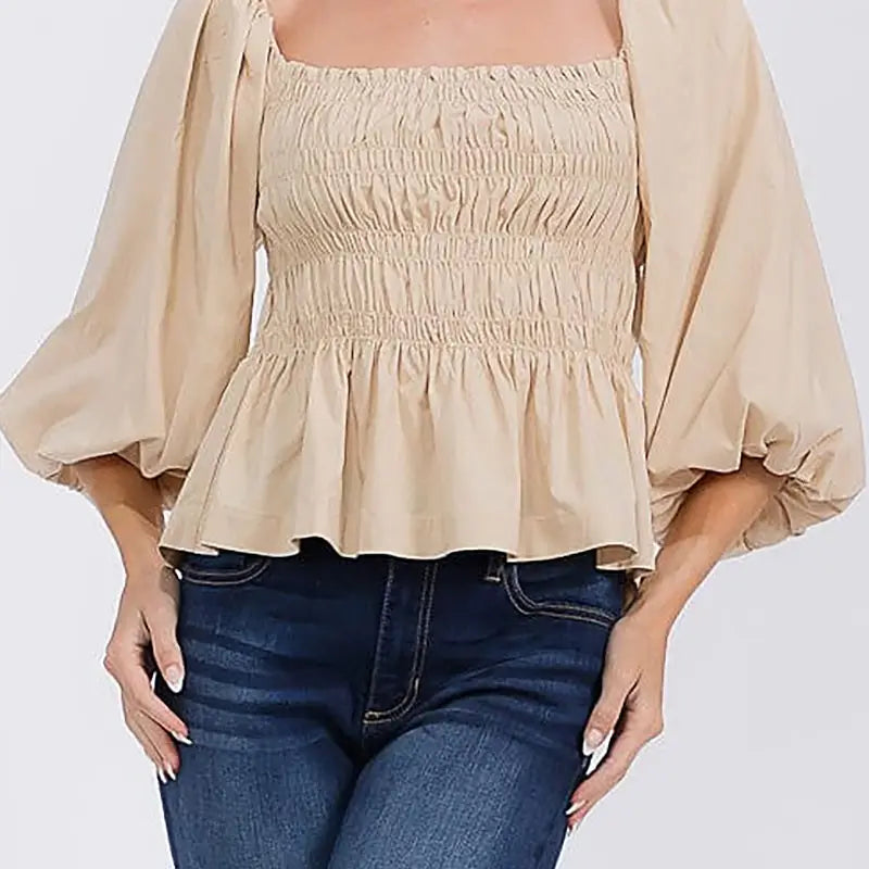 Puff Sleeve Square Neck Peplum Blouse