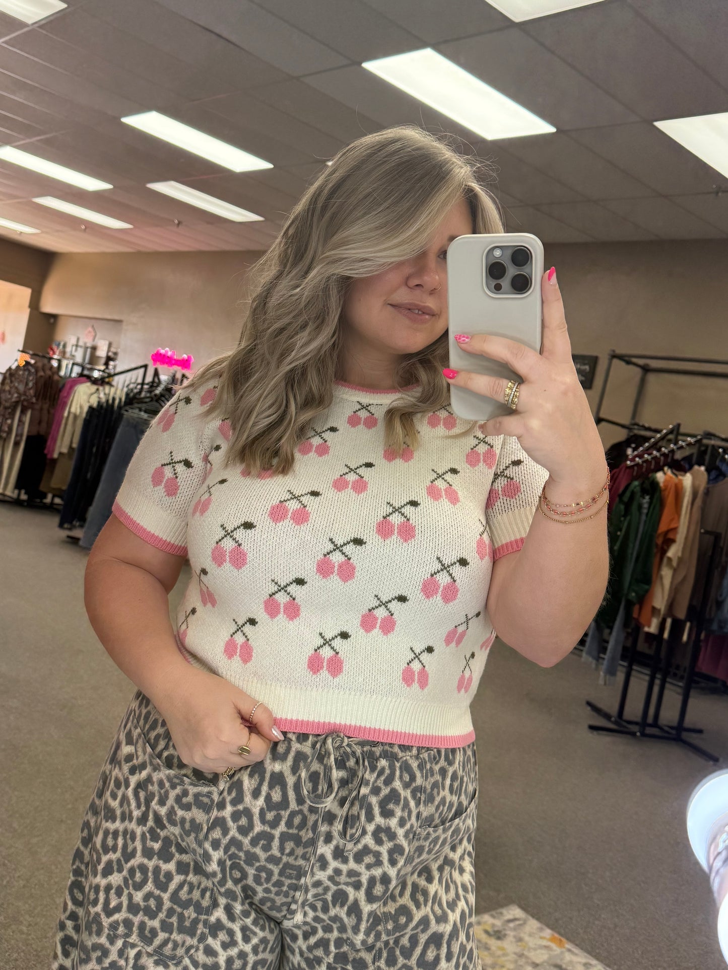 Pink Cherries Short Sleeve Sweater
