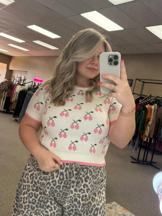 Pink Cherries Short Sleeve Sweater