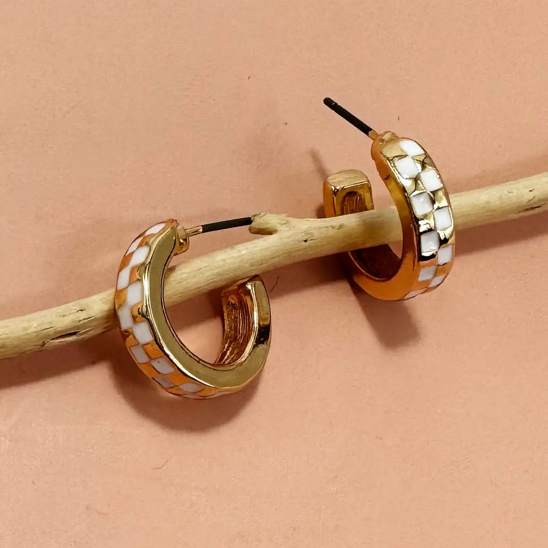 Checkered Hoop Earrings | White