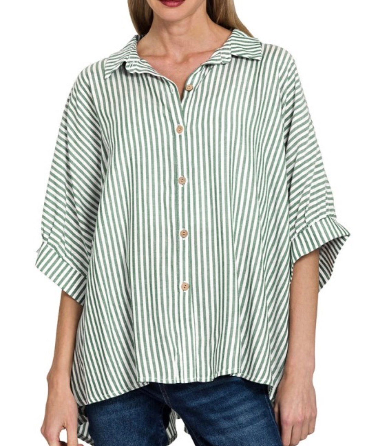Oversized Striped Button Down Top | Green